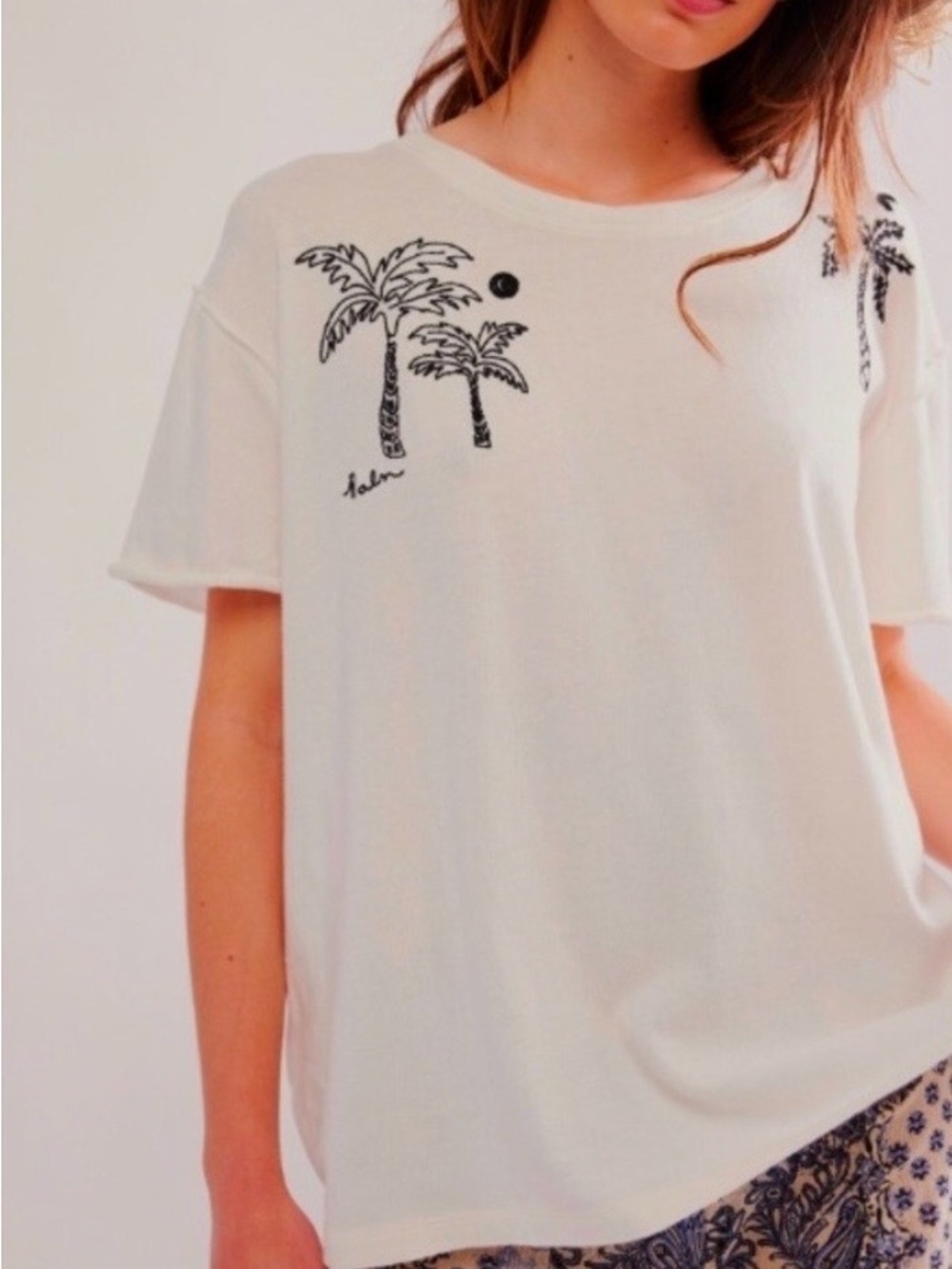NWT Free People Embroidered Palm White Crewneck Tee Size L